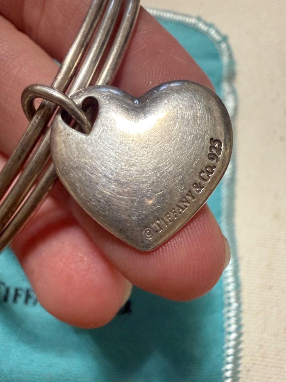 Tiffany & Co. Sterling Silver 925 Three Bangle Bracelet W/Heart Charm W/Pouch - Picture 15 of 16